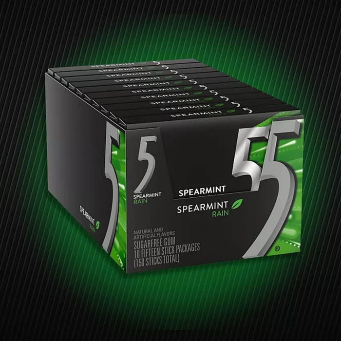 Wrigley's 5 Gum - Spearmint Rain Sugar Free Chewing Gum - 10 Fifteen Stick Packages