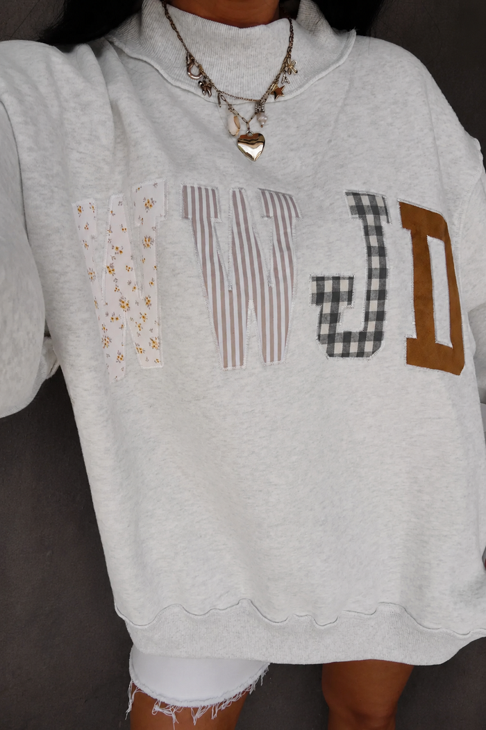 WWJD Mixed Pattern Embroidered Mock Neck Sweatshirt - Gray