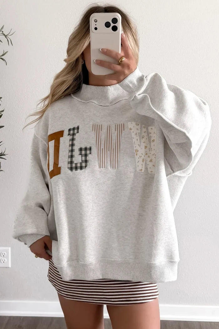 WWJD Mixed Pattern Embroidered Mock Neck Sweatshirt - Gray