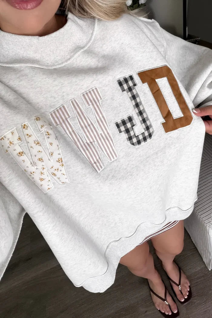 WWJD Mixed Pattern Embroidered Mock Neck Sweatshirt - Gray