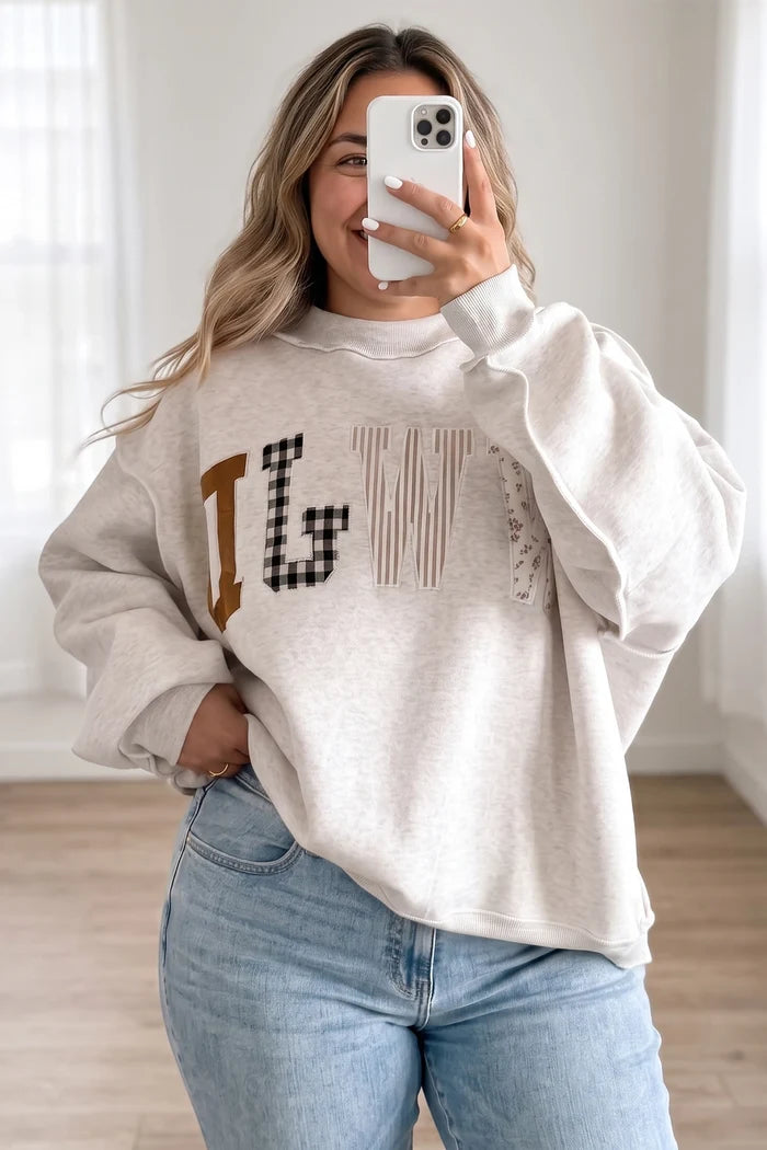 WWJD Mixed Pattern Embroidered Mock Neck Sweatshirt - Gray