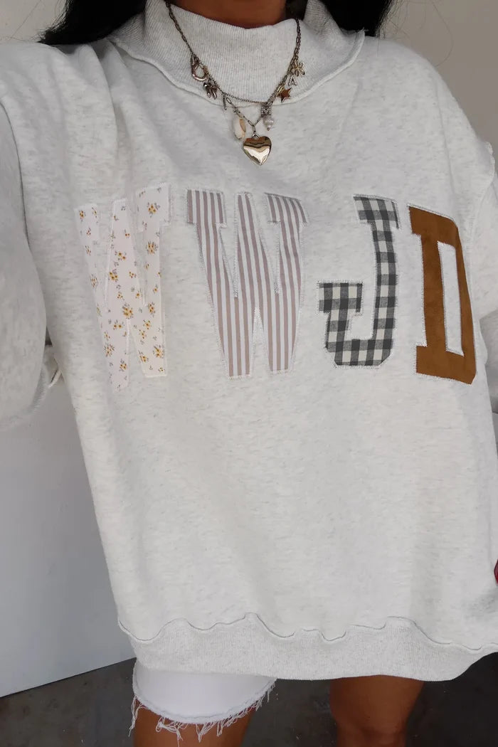 WWJD Mixed Pattern Embroidered Mock Neck Sweatshirt - Gray