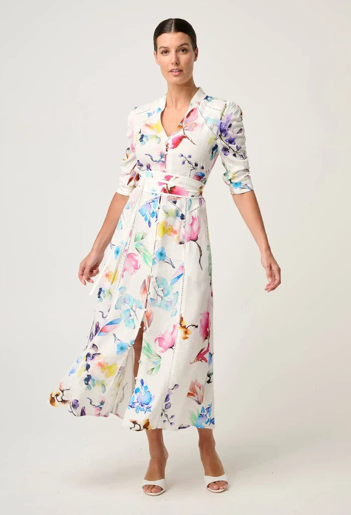XENIA CONTRAST TRIM YOKE LINEN VISCOSE DRESS in Plume Blossom Print from Once Was