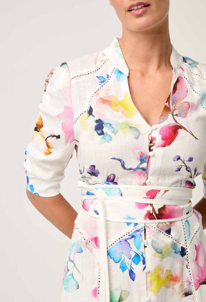 XENIA CONTRAST TRIM YOKE LINEN VISCOSE DRESS in Plume Blossom Print from Once Was