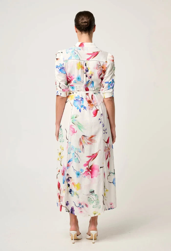 XENIA CONTRAST TRIM YOKE LINEN VISCOSE DRESS in Plume Blossom Print from Once Was
