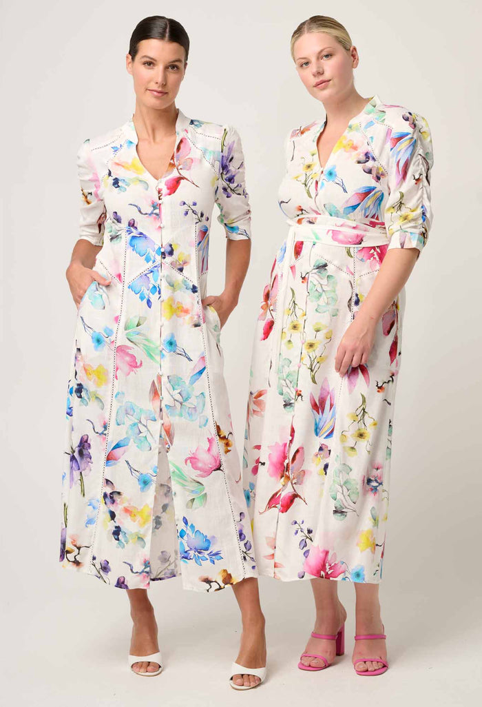 XENIA CONTRAST TRIM YOKE LINEN VISCOSE DRESS in Plume Blossom Print from Once Was